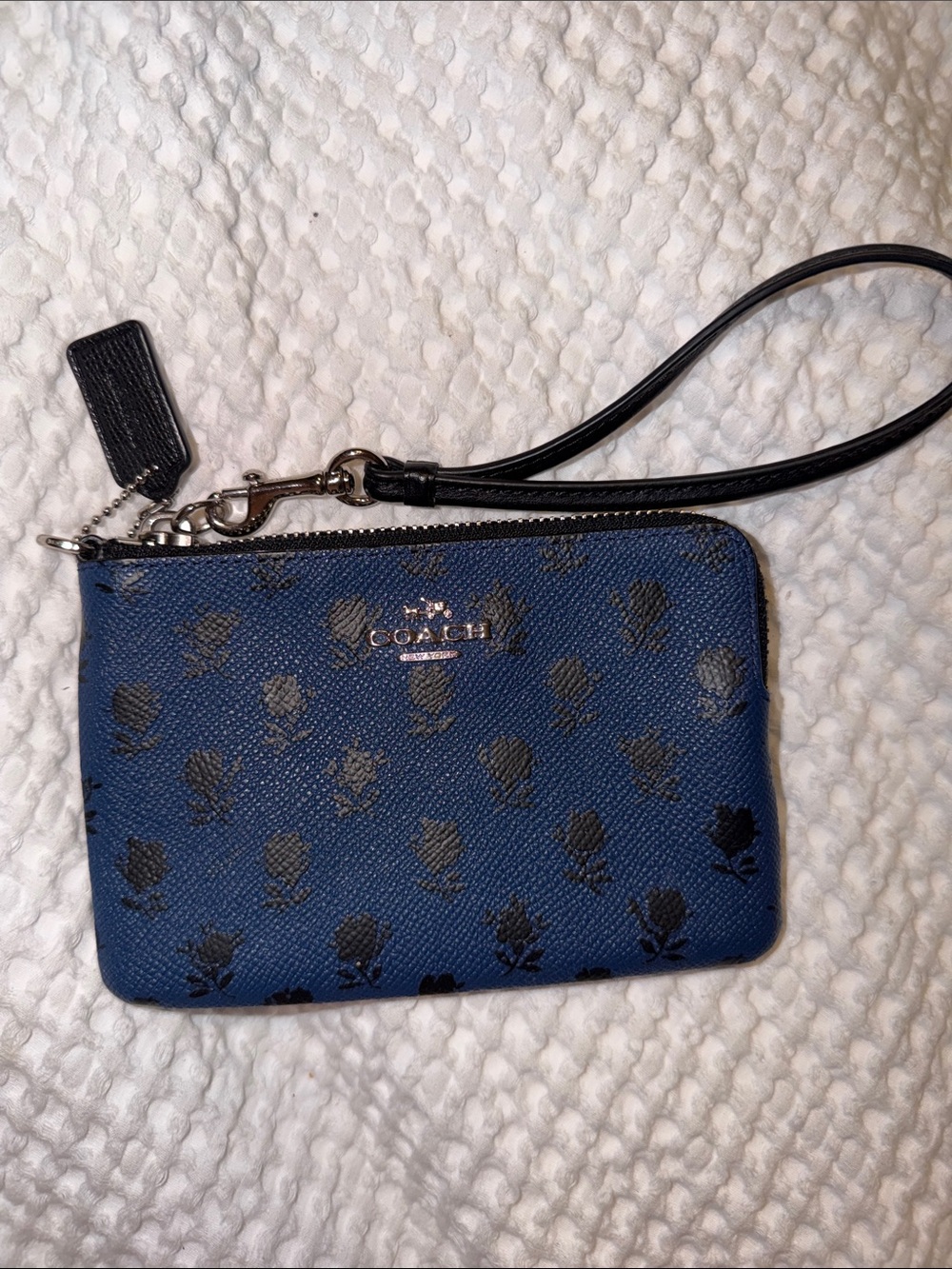 Coach Navy Blue Floral Zip Wristlet with Black Strap